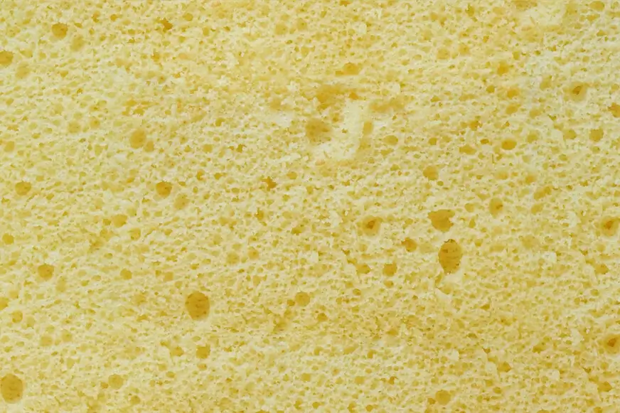Close-up of yellow sponge cake texture with small, uniform air bubbles.