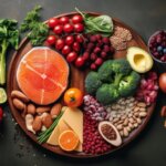 A round wooden board holds colorful fruits, vegetables, cheeses, and nuts beside a fresh cut of salmon.