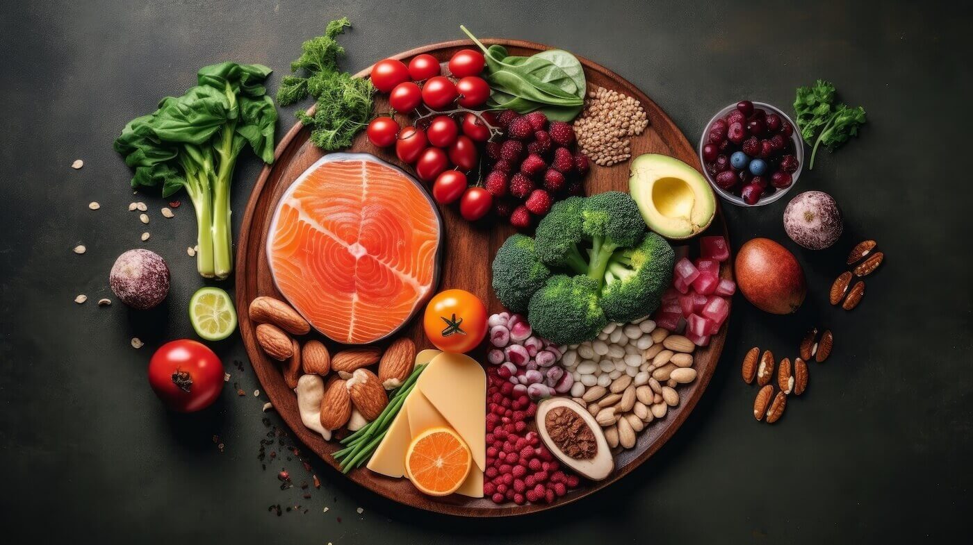 A round wooden board holds colorful fruits, vegetables, cheeses, and nuts beside a fresh cut of salmon.
