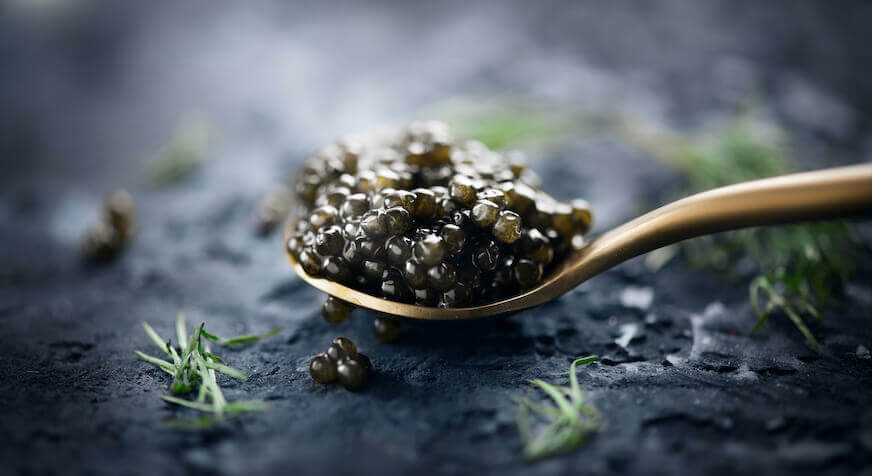 Close up of black caviar on a spoon