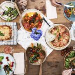 Top view of a Mediterranean meal on a dinner table