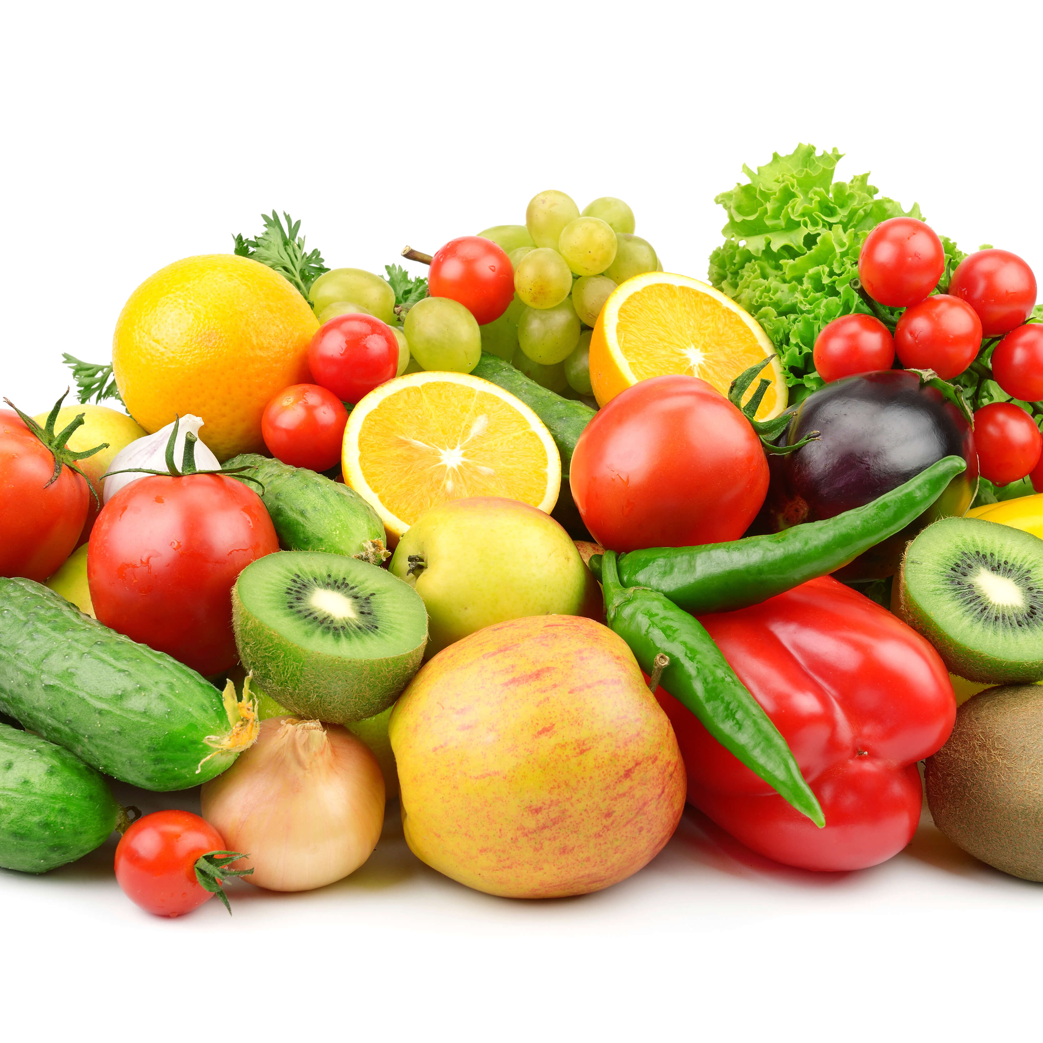 assortment of fruits and vegetables on a white background