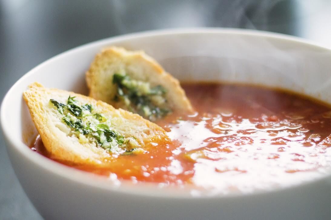 Tomato Soup with Baguette, Garlic and Parsley