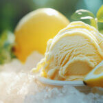 Sorbet and lemons sitting on top of shaved ice.
