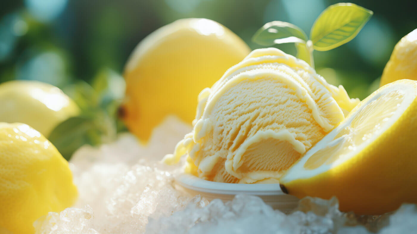 Sorbet and lemons sitting on top of shaved ice.