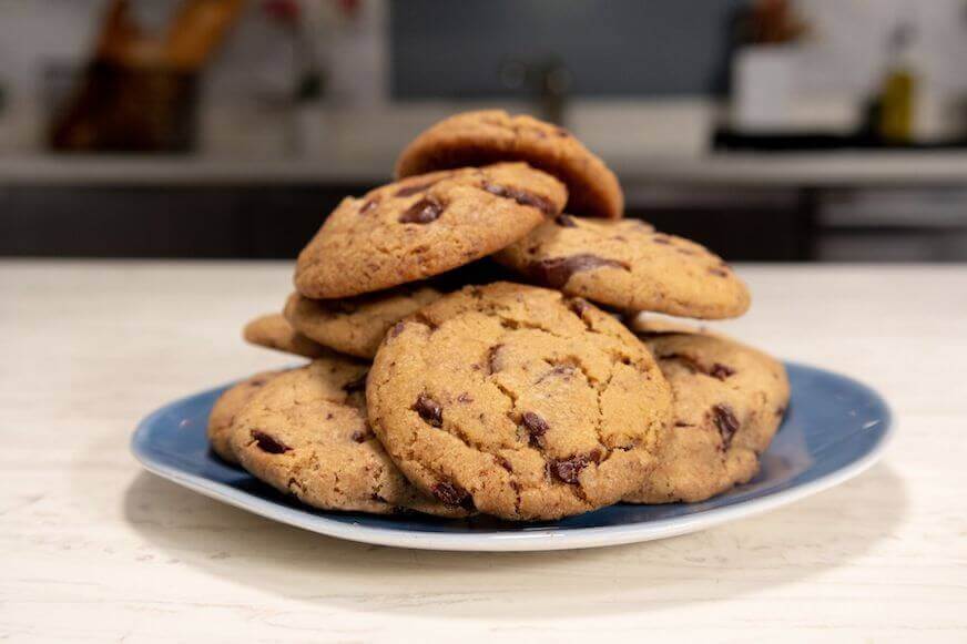 Chocolate Chip Cookies on a blue plate