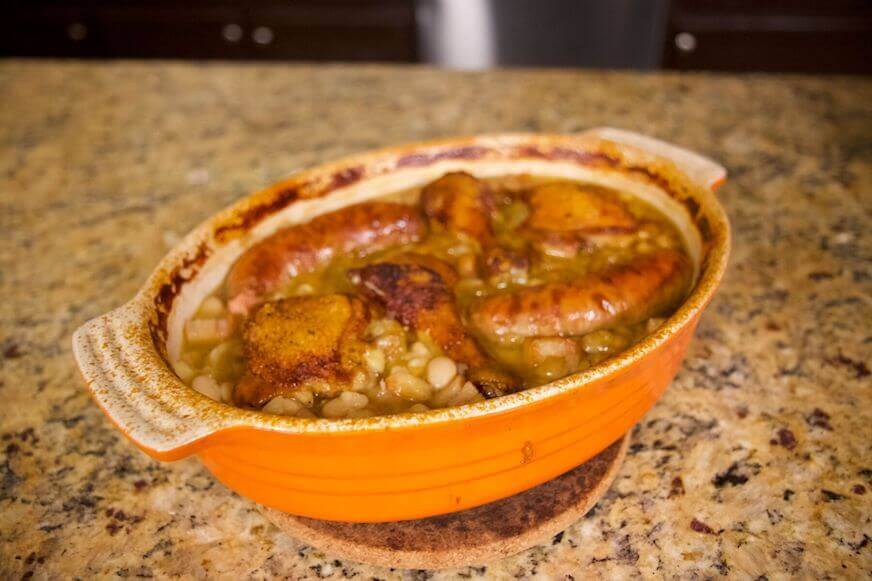 Cassoulet in an orange dish