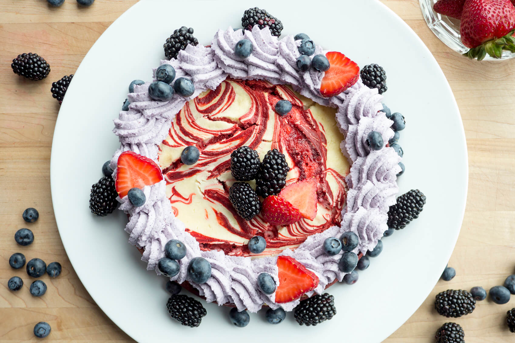 Embrace your patriotic spirit with this delicious red velvet and blueberry cheesecake recipe