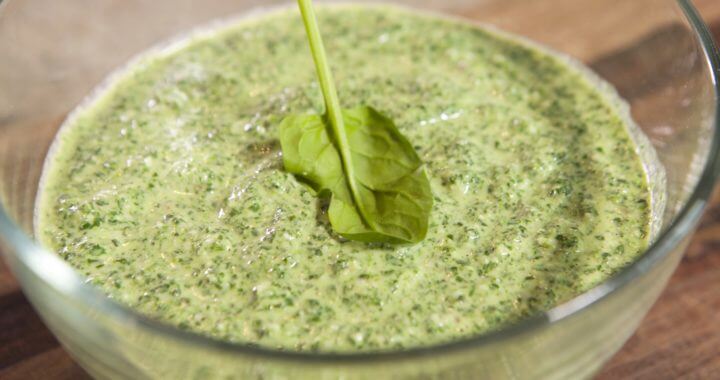 By blanching the herbs, the pesto retains a brighter color and stronger flavor.