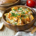Pumpkin stew with rice and meat.