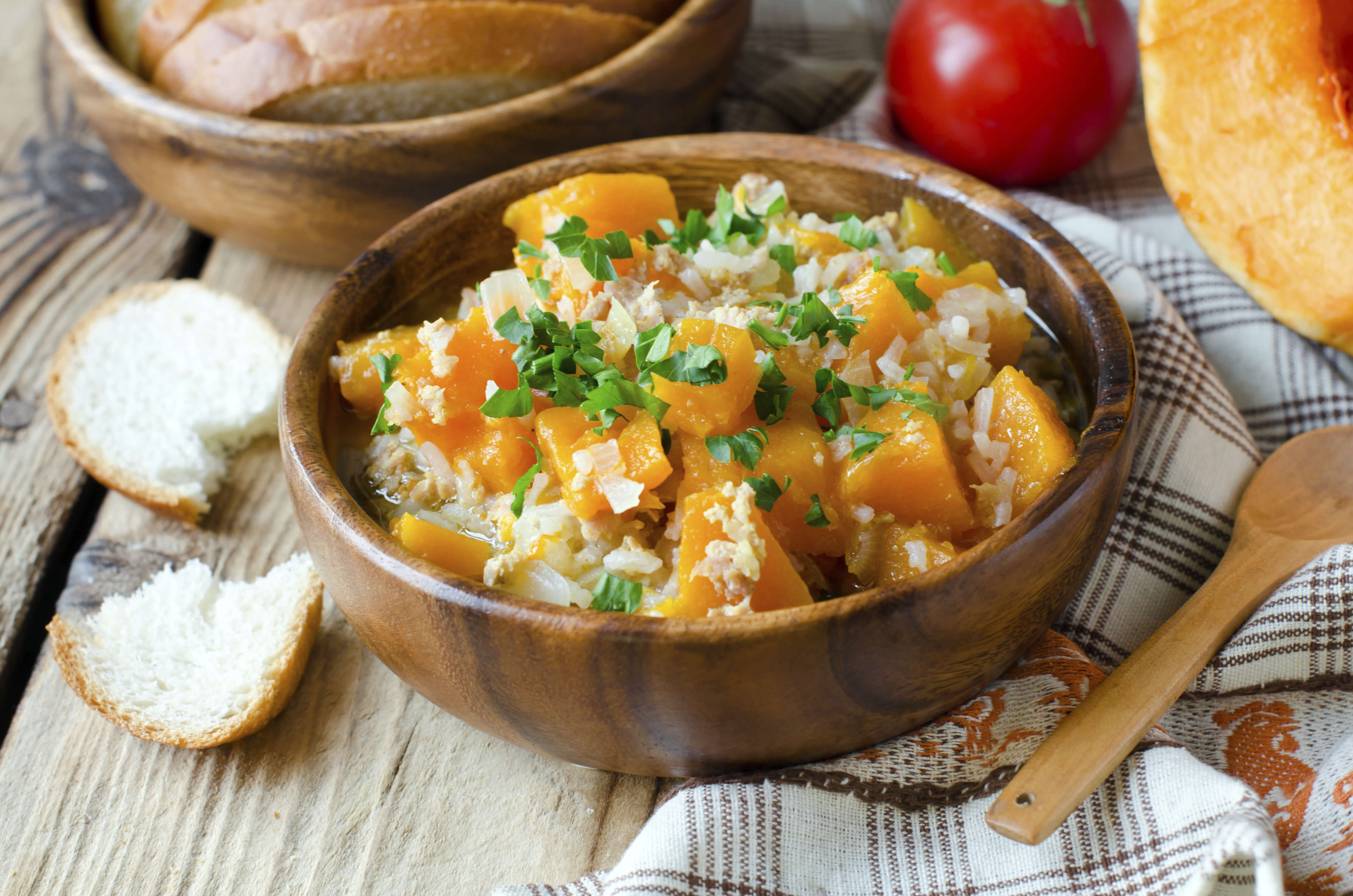 Pumpkin stew with rice and meat.