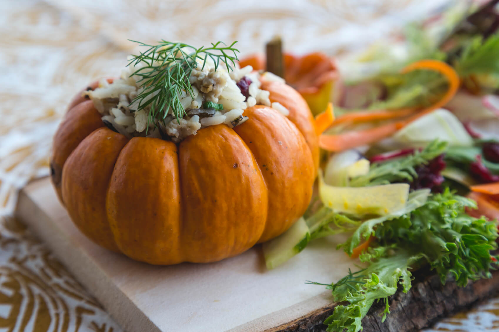 You can serve the pumpkins with the top on or off.