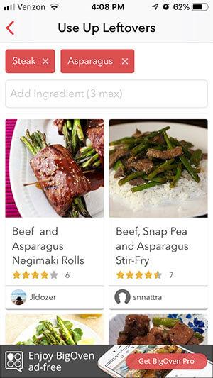 Screenshot of Big Oven on an iPhone. We navigate to the "Use leftovers" screen, where we choose steak and asparagus. The results show steak rolls and negimaki asparagus, beef, peas and sautéed asparagus, and photos of two other beef and asparagus recipes further down the screen.