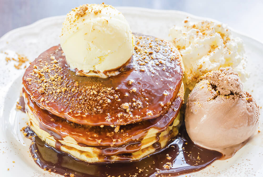 Pair your pancakes with ice cream and chocolate sauce for a dessert-type dish.