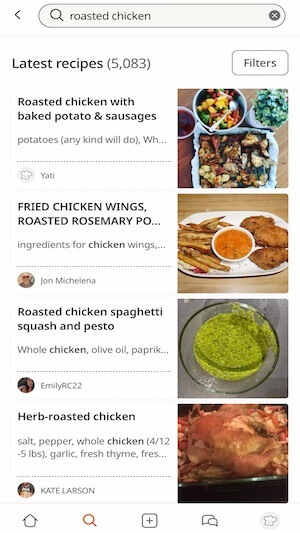 Screenshot of Cookpad app showing results for roast chicken