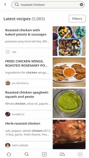 Screenshot of Cookpad app showing results for roast chicken
