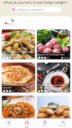 Magic Fridge app screenshot showing search result for beef