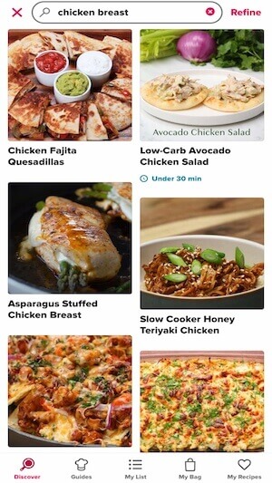 Screenshot of Tasty app showing search results for chicken breast