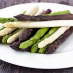 White, Green and Purple Asparagus on White Plate