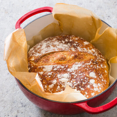 Fresh Homemade Sourdough Loaf in Red Pan
