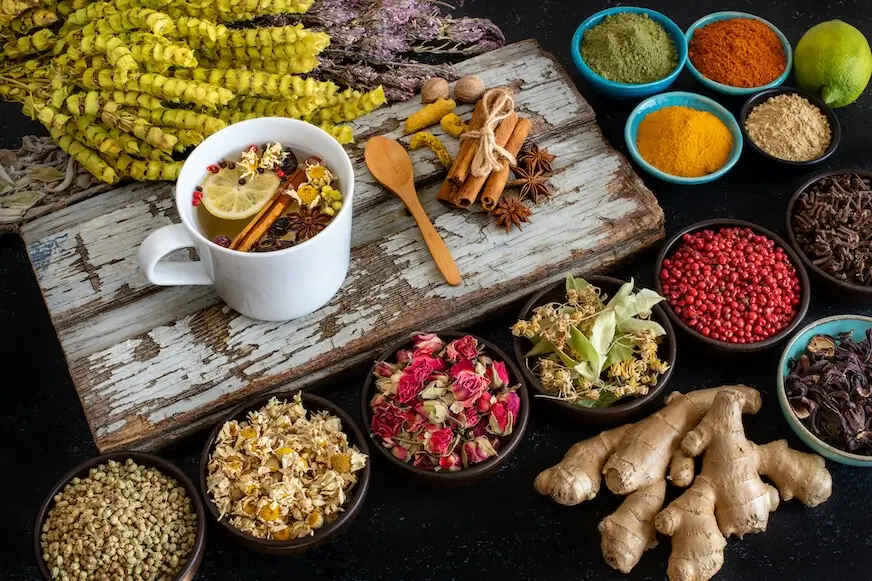 A collection of spices, dried herbs, and fresh ginger on a rustic wooden board.